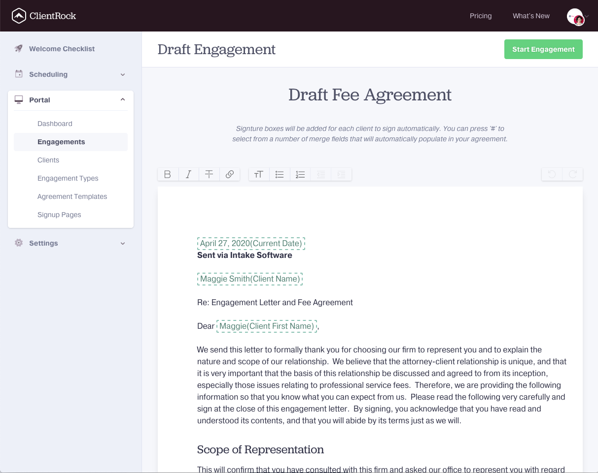 Draft your fee agreement in seconds.